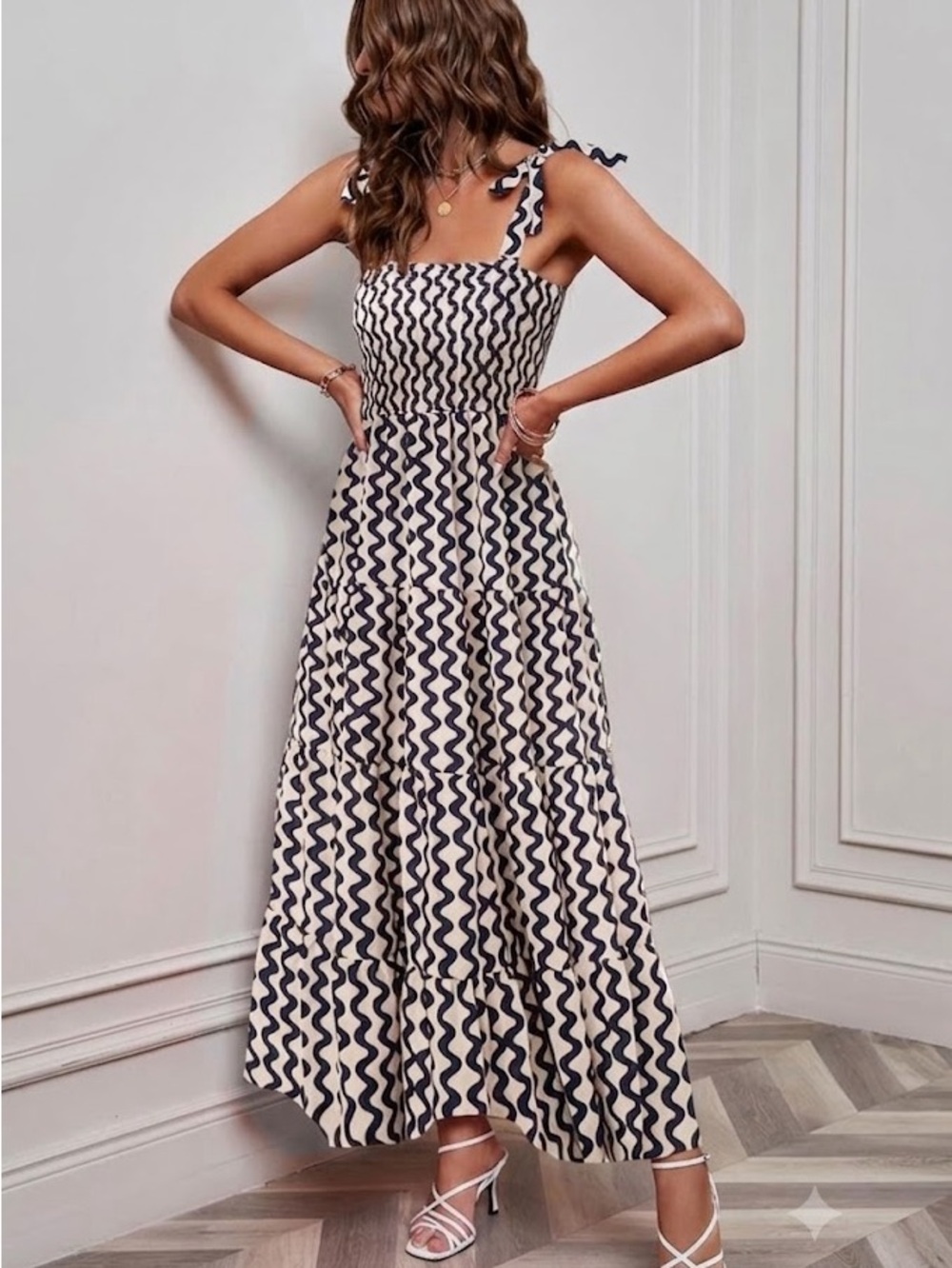 Smocked Navy Wave-Print Maxi Dress